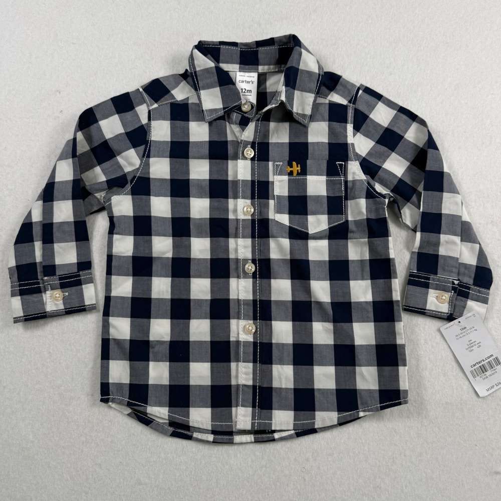 NWT Carters Baby Boys Navy White Buffalo Check Long Sleeve Button Down Shirt 12M